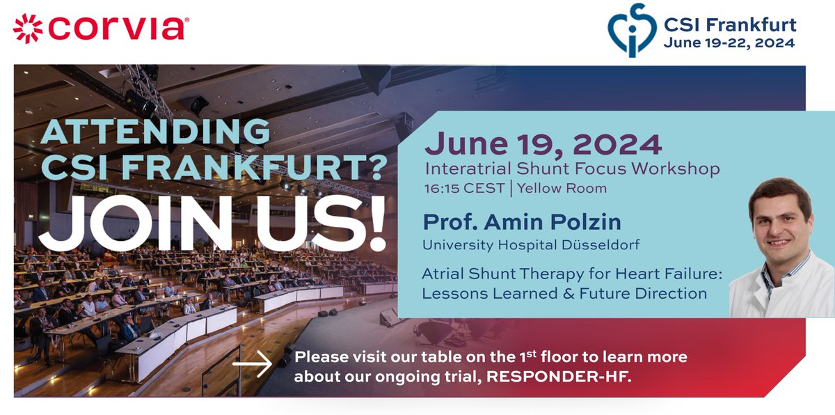 #CSIFrankfurt2024 is almost here! Don't miss Wednesday's #Interatrialshunt Workshop where <a href="/amin_polzin/">Amin Polzin</a> from <a href="/UniklinikDUS/">Uniklinik Düsseldorf</a> will share lessons learned from REDUCE LAP-HF II &amp; how these findings are being validated in #RESPONDERHF. #atrialshunt #HFpEF #cardiotwitter #heartfailure