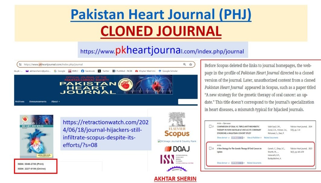 academia_kmu's tweet image. While writing my book on #Medicaljournals of #Pakistan, I discovered the country's 1st #clonedjournal, #PakistanHeartJournal, with identical ISSN numbers (ISSN-P: 0048-2706;ISSN-E: 2227-9199). Thank u @AbalkinaAnna for providing evidence &amp;amp; update about @Scopus &amp;amp; hijacked journals