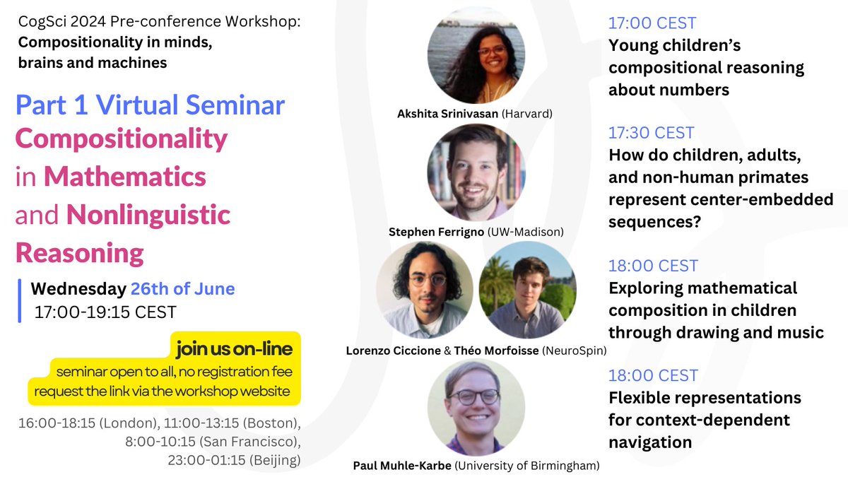 Barbara Pomiechowska 🇪🇺 (@b_pomiechowska) on Twitter photo Let’s talk *c o m p o s i t i o n a l i t y * 🧵
Before #CogSci2024 <a href="/cogsci_soc/">CogSci Society</a> and our workshop on compositionality in brains, minds, and machines, join us next week on Wed 26 June for 👉a special online session Compositionality in Maths & Nonlinguistic Reasoning 👈 1/n Let’s talk *c o m p o s i t i o n a l i t y * 🧵
Before #CogSci2024 <a href="/cogsci_soc/">CogSci Society</a> and our workshop on compositionality in brains, minds, and machines, join us next week on Wed 26 June for 👉a special online session Compositionality in Maths & Nonlinguistic Reasoning 👈 1/n