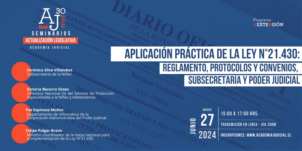 AcademiaJudic1's tweet photo. 🔔INVITACIÓN| Seminario de Actualización Legislativa sobre la aplicación práctica de la Ley N°21.430 sobre garantías y protección integral de los Derechos de la Niñez y Adolescencia @PJudicialChile @SubseNinez 

🗓Jueves 27 junio⏰ 15:00 y 17:00 hrs

📝 Link en comentarios https://t.co/wZBAW7Cd9Q