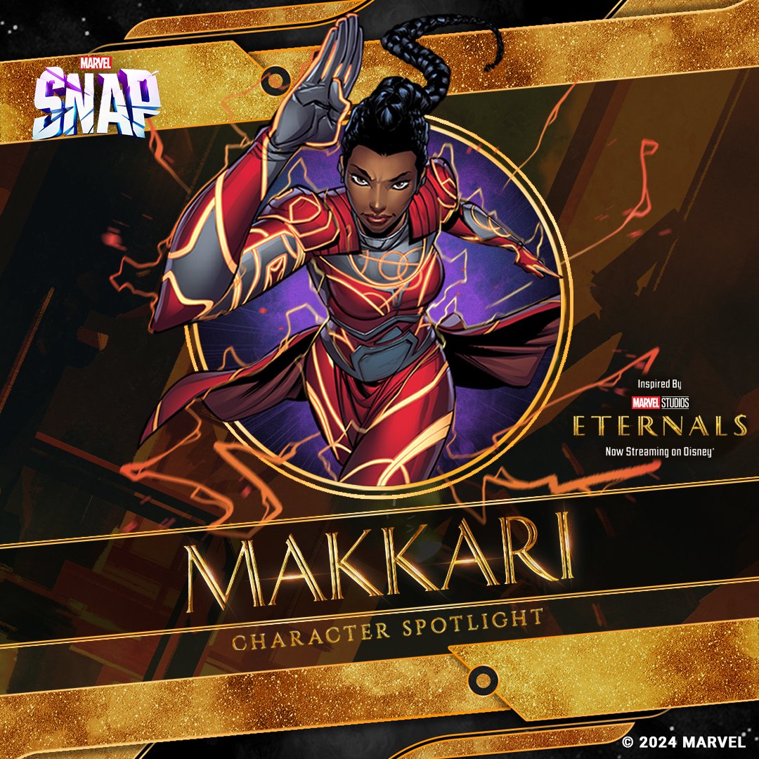 MARVELSNAP's tweet photo. Welcome to the speedy Makkari, our newest character in MARVEL SNAP!

🔵 Cost: 3
🔶 Power: 4
🔹 After the turn, runs from your hand to a random location. (if possible)

This latest addition is inspired by Marvel Studios' Eternals, available to stream on Disney+ https://t.co/lscRBt3viQ
