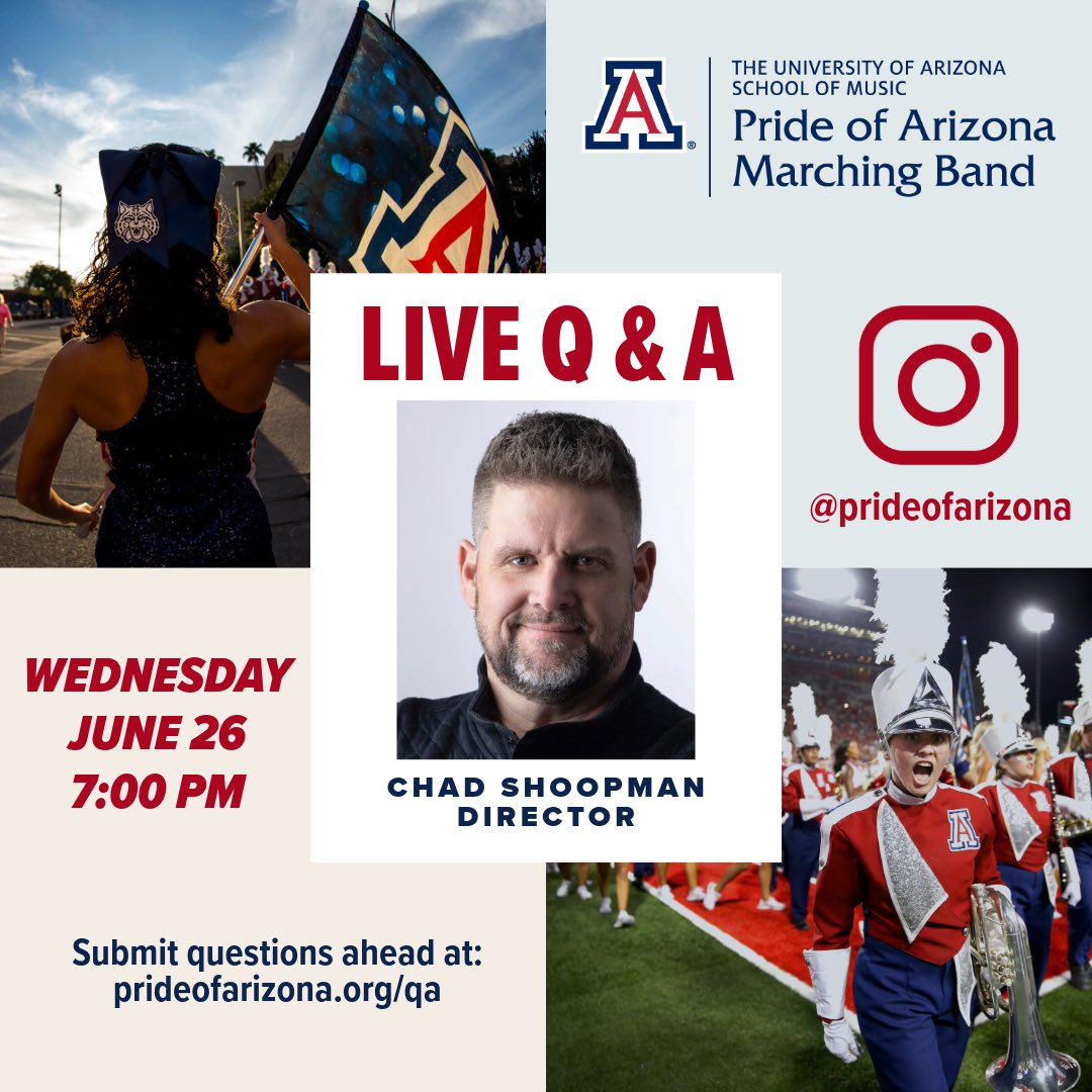 prideofarizona's tweet photo. This is an event you don’t want to miss!!! Send in your questions to the link provided and learn about all things Pride of Arizona!!! We cannot wait to talk with you all next week!

Bear Down! ❤️💙 https://t.co/75eIyIBwNB