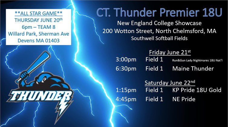 So excited for this weekend! Here’s my team’s schedule &amp; I will also be playing in the All Star game 6/20 6:00 - Team 8! <a href="/CTThunderFastp1/">@CTThunderFastpitch</a>