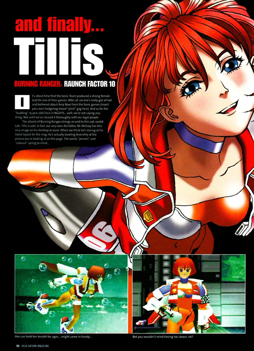 MoonPieDreams's tweet photo. Ooookay, this one is sketchy. At least they themselves mentioned legalities. "Colossal pervert" is right. And those captions? 😬
"AND FINALLY" Vol. 5
Tillis of Burning Rangers
Official Sega Saturn Magazine UK
May 1998
#andfinally #sega #retrogaming #retrogamer #segasaturn https://t.co/g3CfjfFS6C