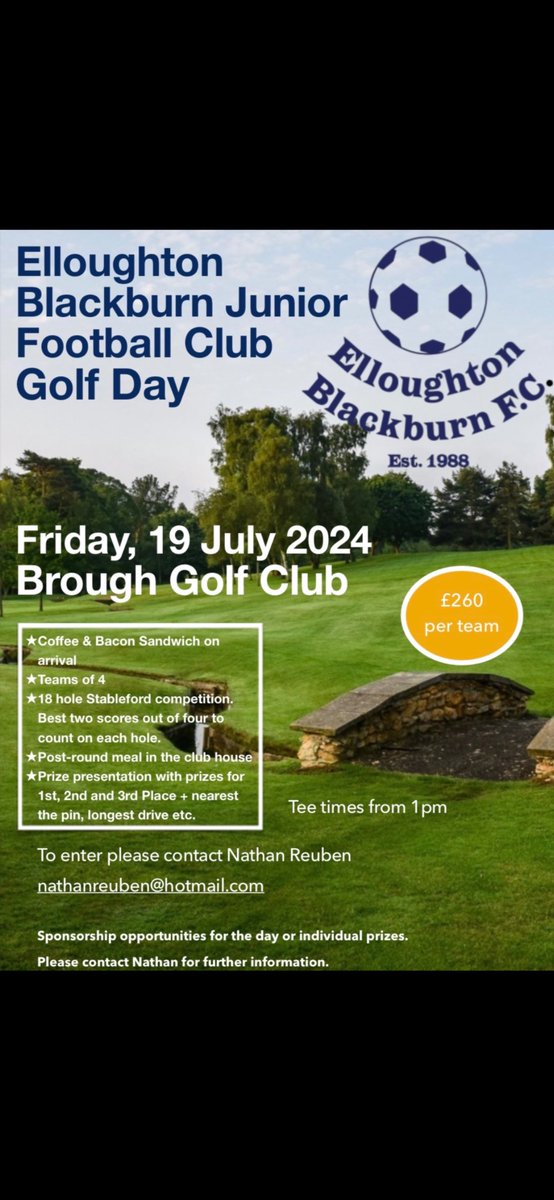 Last three Tee times available for our first ever golf day. 

You can enter as a team or if you want to play but haven’t got a team I can put you together with others to make a 4ball.

Please note Brough Golf club members they would be entitled to a reduced rate.