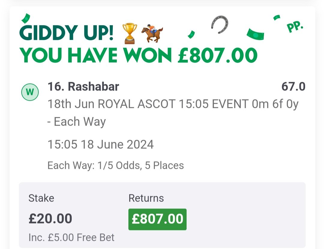 PHR2023's tweet photo. The opening day of the Royal Ascot didn't disappoint 🔥

Rathabar @ 67.00 🏅
Pledgeofallegiance @ 17.00 🏅
Asfoora @ 8.00 🏅

+61.2u banked for the festival already💰 https://t.co/5uISANMDeJ