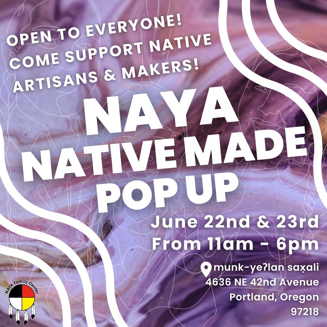 NAYAFam's tweet image. Happening THIS WEEKEND!
NAYA’s Native Made Pop Up RETURNS! Come out and support local Native artisans and makers June 22 and 23, 11 a.m. to 6 p.m. at 4636 NE 42nd Ave. Portland, OR 97218. 

#NativeMade
#NativePopUp
#SupportIndigenousBusinesses
