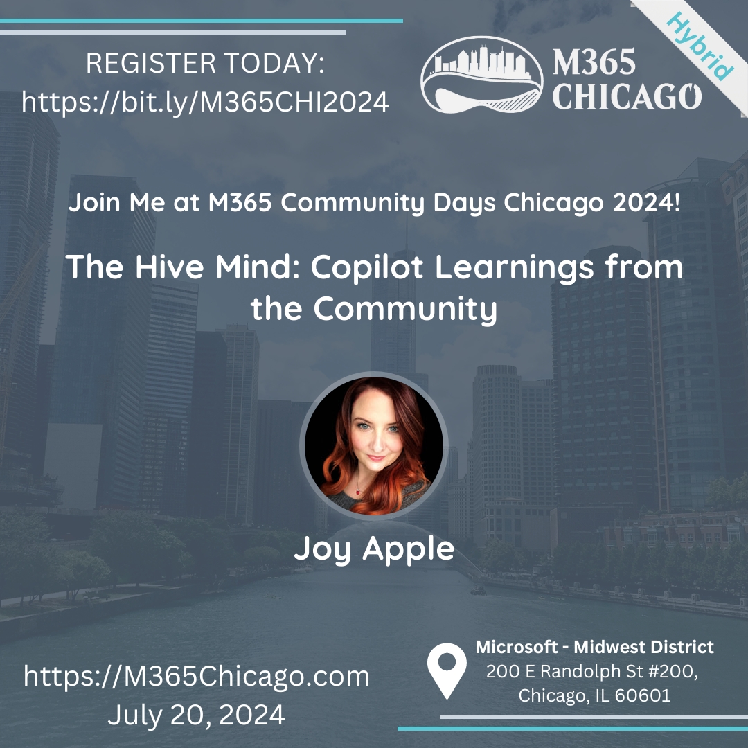 Wondering how to make Microsoft Copilot work for you? Join <a href="/JoyOfSharePoint/">JoyOfSharePoint | Joy Apple, MVP</a> for her session at <a href="/M365Chicago/">M365Chicago</a> and get the real-world steps to prep for #Copilot! Register for this free event: bit.ly/M365CHI2024 #M365Chicago #M365 #CommunityLuv #CommunityRocks #MVPBuzz
