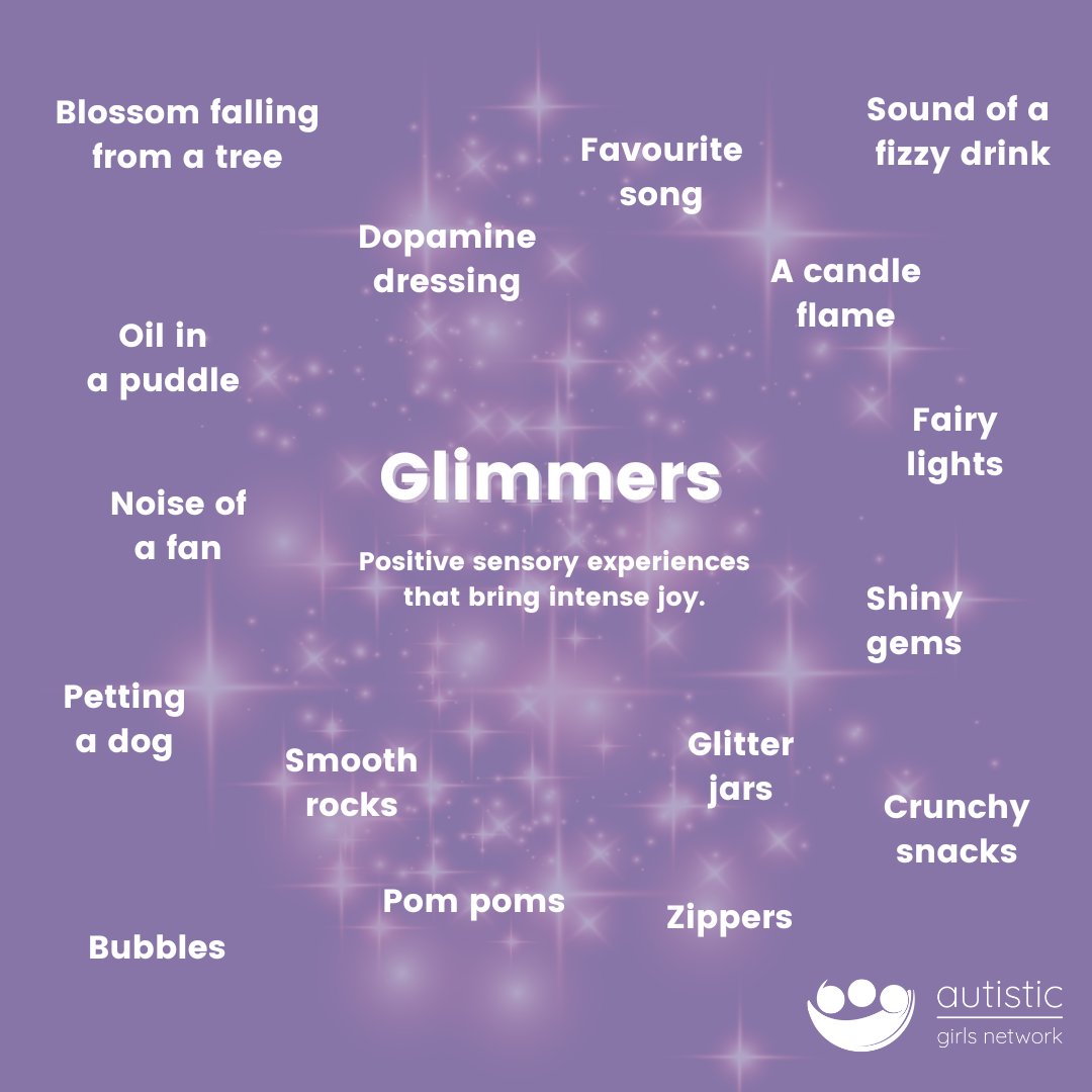 Glimmers, the opposite of triggers! These are just some examples of the kind of moments that can give us feelings of calm and safety. Finding our own glimmers can really support our wellbeing 💜 #AutisticGlimmers #AutismUnderstanding