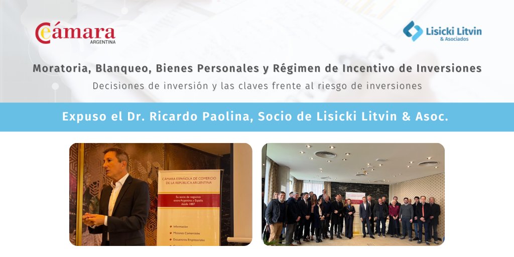 El Dr. <a href="/RPaolina/">Ricardo Paolina</a>, socio de #LLyAsoc, disertó en el evento organizado por la <a href="/CECRAOficial/">Cámara Española</a> sobre "Moratoria, Blanqueo, Bienes Personales y Régimen de Incentivo de Inversiones".