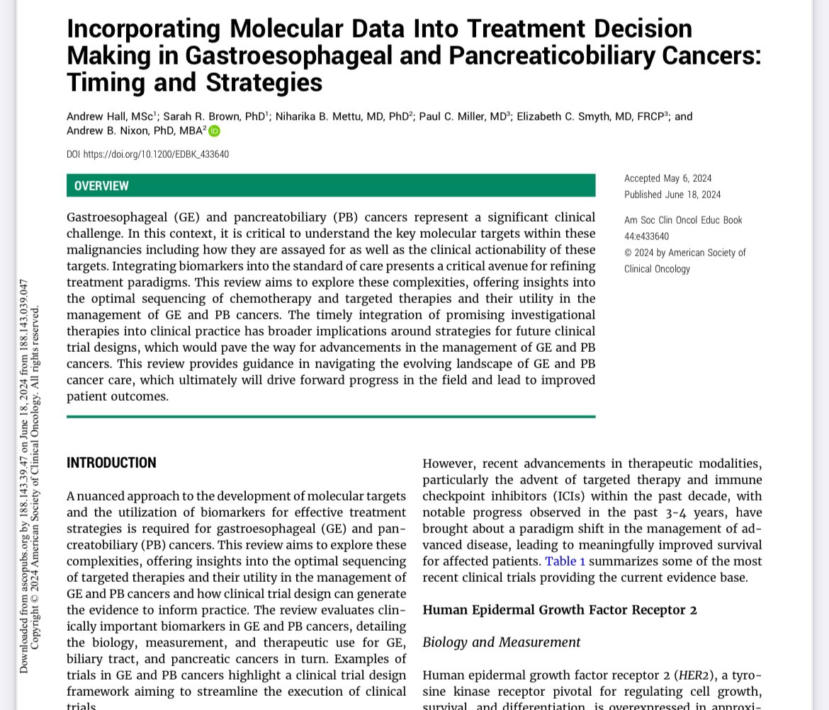 🔬Incorporating Molecular Data in Gastroesophageal and Pancreaticobiliary Cancers
<a href="/ASCO/">ASCO</a> Educational Book

✅GE: HER2, Claudin 18.2, PD-L1, MSI
✅Biliary: FGFR2, IDH1, HER2, PD-L1
✅Pancreatic: BRCA1-2/PALB2, Claudin 18.2
✅Contemporary trials 👇
✅Clinical trial design
