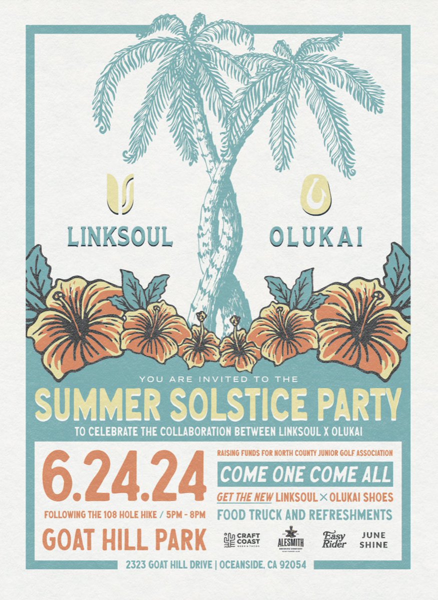 SoCal ‘ohana! We are hosting a Summer Solstice Party with LINKSOUL to celebrate our latest collab that is Summer Solstice inspired! Come hang out with us at the legendary Goat Hill Golf Course in Oceanside! 

📍Monday, June 24th
5 PM - 8 PM
Goat Hill Golf Course - Oceanside, CA