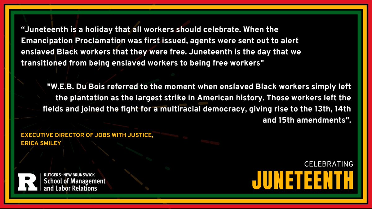 Rutgers School of Management and Labor Relations (@ru_smlr) on Twitter photo <a href="/LearnRutgers/">Rutgers_LEARN</a> reached out to the Executive Director of Jobs with Justice, Erica Smiley, last year to share a little history about the origins and importance of Juneteenth
➡️bit.ly/LEARN_Juneteen…
This "mini-lecture" is part of the LEARN Lessons series:
➡️smlr.rutgers.edu/LEARN-lessons <a href="/LearnRutgers/">Rutgers_LEARN</a> reached out to the Executive Director of Jobs with Justice, Erica Smiley, last year to share a little history about the origins and importance of Juneteenth
➡️bit.ly/LEARN_Juneteen…
This "mini-lecture" is part of the LEARN Lessons series:
➡️smlr.rutgers.edu/LEARN-lessons