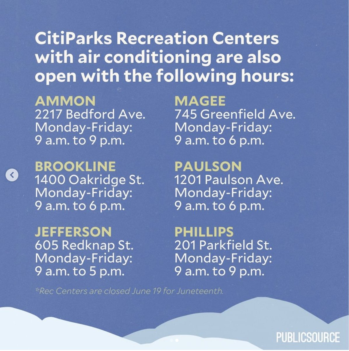 It's very, very hot outside. 🥵 Stay cool at these <a href="/Pittsburgh/">City of Pittsburgh</a> cooling centers and <a href="/CitiParks/">CitiParks: Pittsburgh Parks & Recreation</a> AC-enabled Recreation Centers (and please check on your neighbors)!

more info from <a href="/PublicSourcePA/">PublicSource</a>: publicsource.org/pittsburgh-hea…
