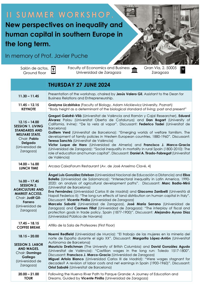 FranMarcoGracia's tweet photo. Delighted to present the program of the Summer Workshop we have organized next week in Zaragoza (27-28 June) on inequality and human capital, featuring some of Spain's top economic historians. @fecem_unizar @unizar @ehvalencia @Econhist_Ub @_AEHE https://t.co/Hqeb9ie08d