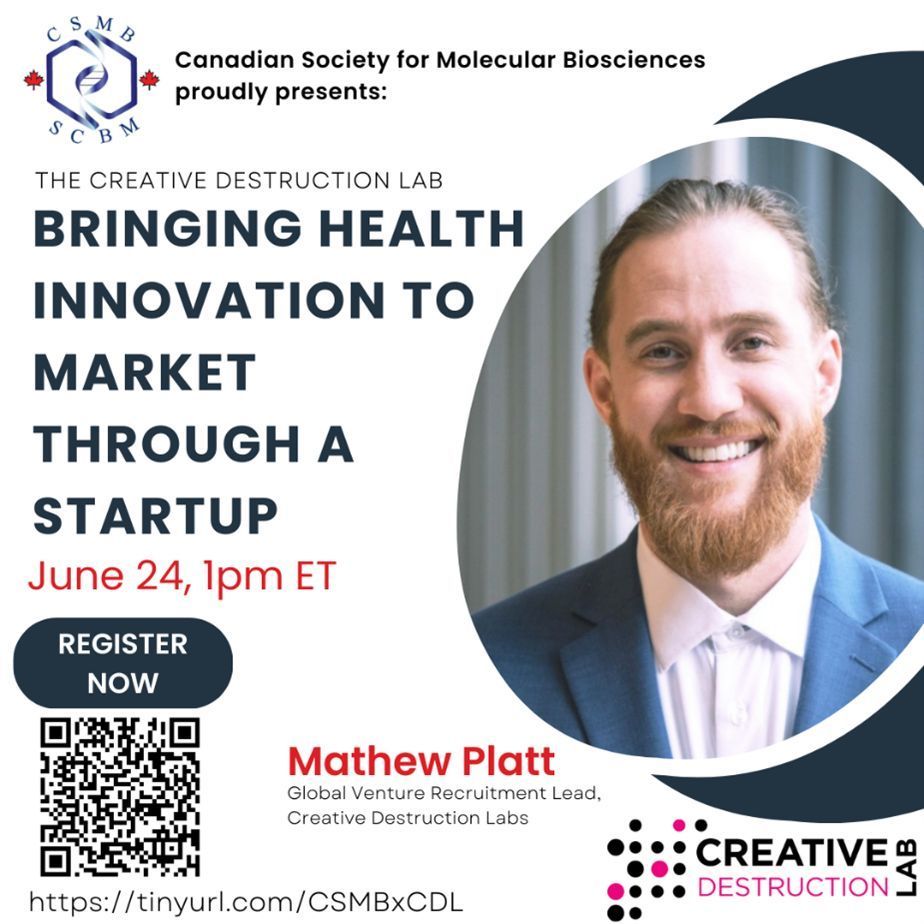 Interested in commercializing your biomedical research but don’t know where to start? Please join us for a 30 min presentation and 30 min Q&amp;A period with Mathew Platt, the Global Head of Venture Recruitment at the Creative Destruction Lab,  Register here: buff.ly/3KNJAYf