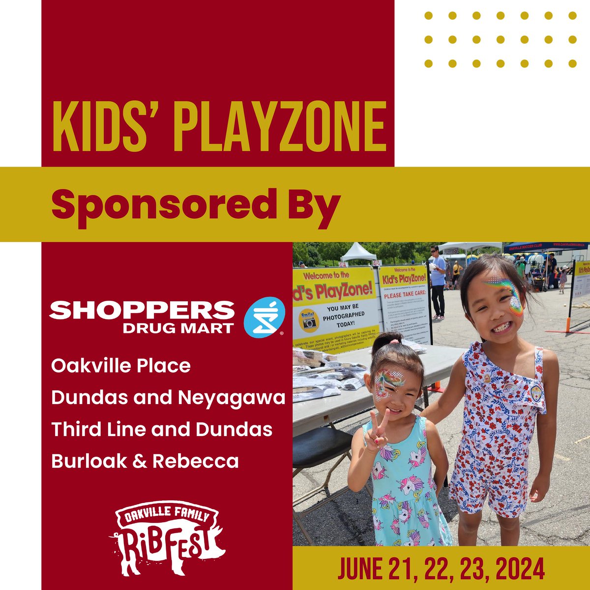 Thank you so much to <a href="/ShopprsDrugMart/">Shoppers Drug Mart</a>, sponsor of our bigger and better KID's PlayZone! 🤩  Everything in the PlayZone is FREE for your young ones! 
Face Painters, Balloon Twisters, Magician &amp; More!  Full details at oakvillefamilyribfest.com  🥳