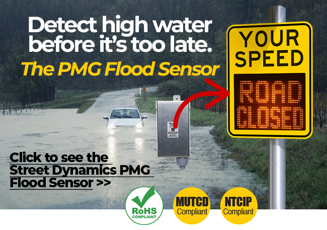 StreetDynamics_'s tweet photo. When there is heavy rainfall, you don't need to use your valuable safety resources to manually close flooded streets. Pair up to three Flood Sensors with a PMG "Your Speed" sign to automatically display messages like “FLOOD ZONE,” “HIGH WATER,” or “ROAD CLOSED.” https://t.co/AZJ8Sm0qTG