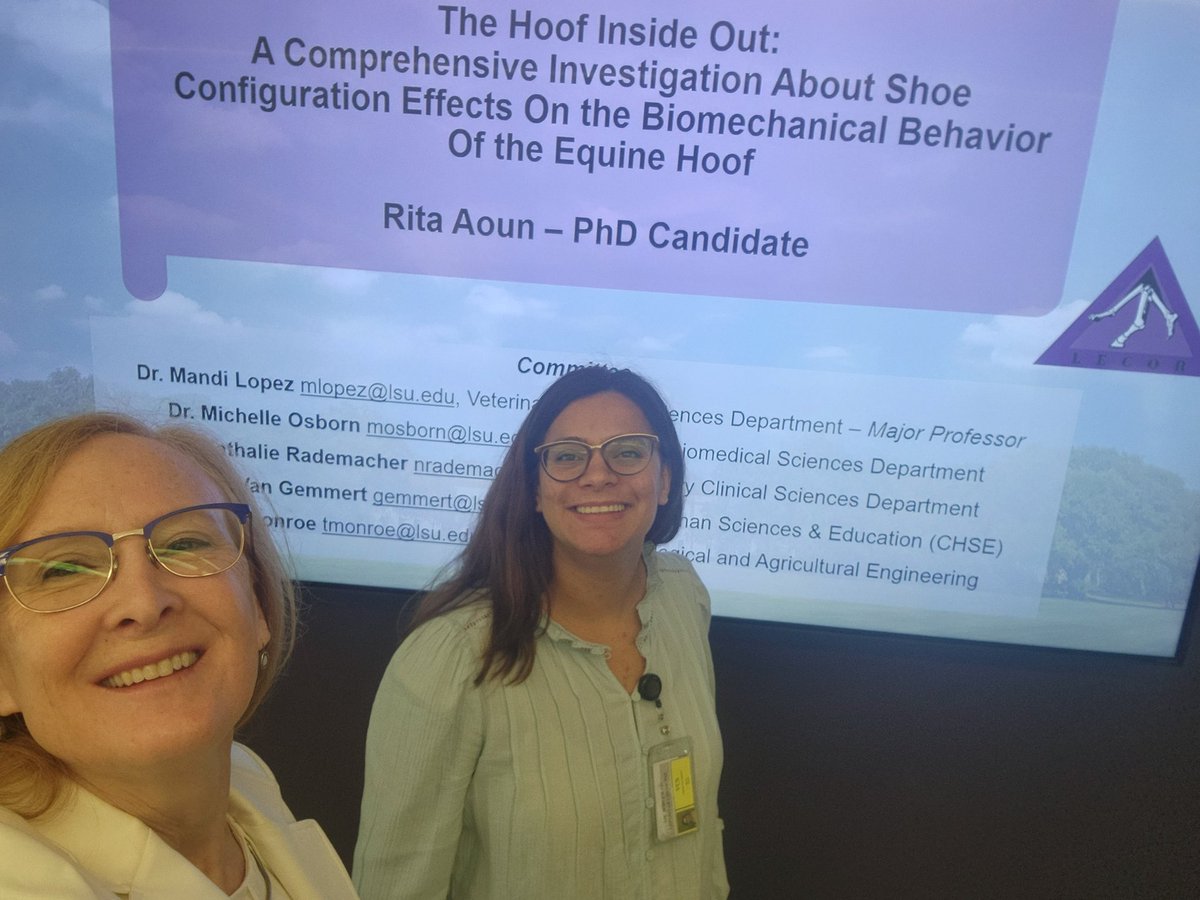 LECORLSU's tweet photo. Mighty congratulations to our LECOR senior graduate student, Rita Aoun. She defended her dissertation today like the champion she is. Her work represents groundbreaking advances in equine health. We couldn't be more proud. Well done, Dr. Aoun. #LSU #LSUSVM #LECORLSU #Equine #EHSP https://t.co/RwIdqEjrug