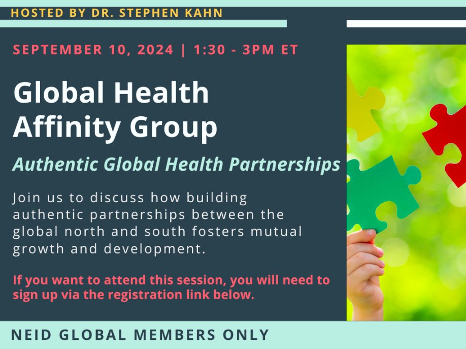 Our next Global Health #AffinityGroup session on September 10th will explore what makes a successful partnership between organizations in the Global North and their counterparts in the Global South. Hope to see you there! #GlobalHealth #NEIDMembers 
Register on the newsletter!