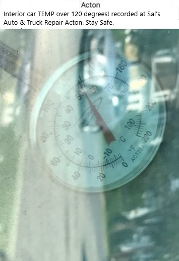 SalsAuto's tweet image. Sal's Auto Summer Heat🥵 WAVE Safety Tips: TEMPS inside Sal's Auto customer vehicles in our lot--- 95 to 120 degrees! Heat Safety Alerts * NEVER leave children or pets in vehicles - even for a few minutes! *
Stay Safe &amp;amp; COOL🆒!
#actonma #Boxborough #heatwave