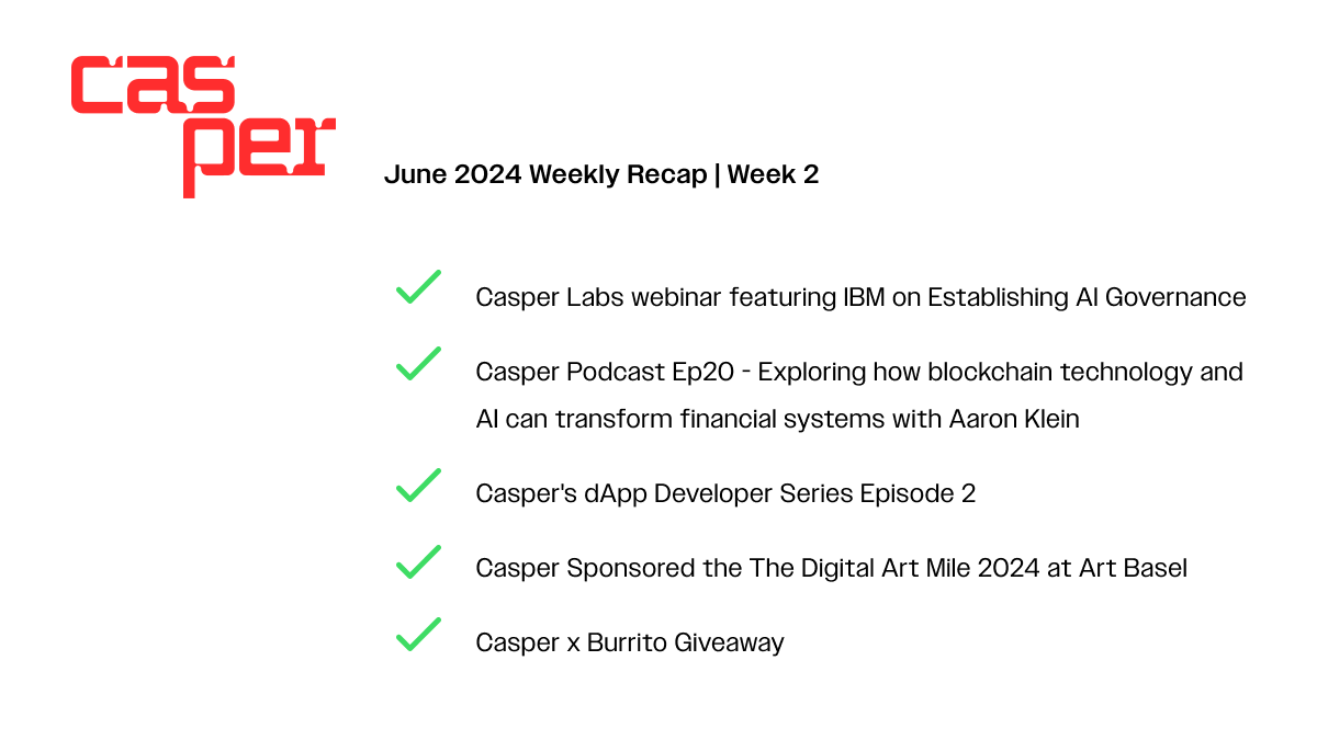 Casper (@casper_network) on Twitter photo ๐
Weekly Recap: Casper Highlights!
1. <a href="/Casper_Labs/">Not Casper Labs</a> Webinar featuring <a href="/IBM/">IBM</a>.
2. Check out the new #Casper Podcast Episode with
<a href="/Aarondklein/">Aaron Klein</a> from <a href="/BrookingsInst/">The Brookings Institution</a>๐t.ly/gl3PF
3. Catch up on Casper's dApp Developer Series Ep2.
4. Casper sponsored one of the events at ๐
Weekly Recap: Casper Highlights!
1. <a href="/Casper_Labs/">Not Casper Labs</a> Webinar featuring <a href="/IBM/">IBM</a>.
2. Check out the new #Casper Podcast Episode with
<a href="/Aarondklein/">Aaron Klein</a> from <a href="/BrookingsInst/">The Brookings Institution</a>๐t.ly/gl3PF
3. Catch up on Casper's dApp Developer Series Ep2.
4. Casper sponsored one of the events at
