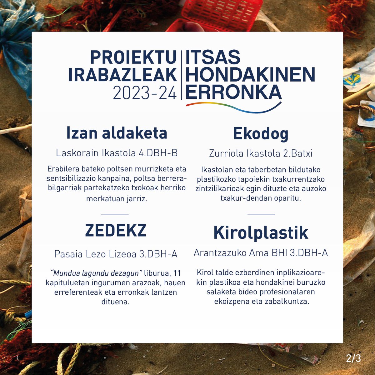 MaterMuseoa's tweet photo. Ikasturte honetan zehar Gipuzkoako 9 zentroetako 3.DBHtik 2.Batxilergora bitarteko 400 ikasle baino gehiagok itsas hondakinen arazoari aurre egiteko tokian tokiko 107 proiektu garatu dituzte eta hauek dira aurtengo 10 proiektu finalistak! ZORIONAK IKASLE GUZTIEI! https://t.co/wusg7AJUv6