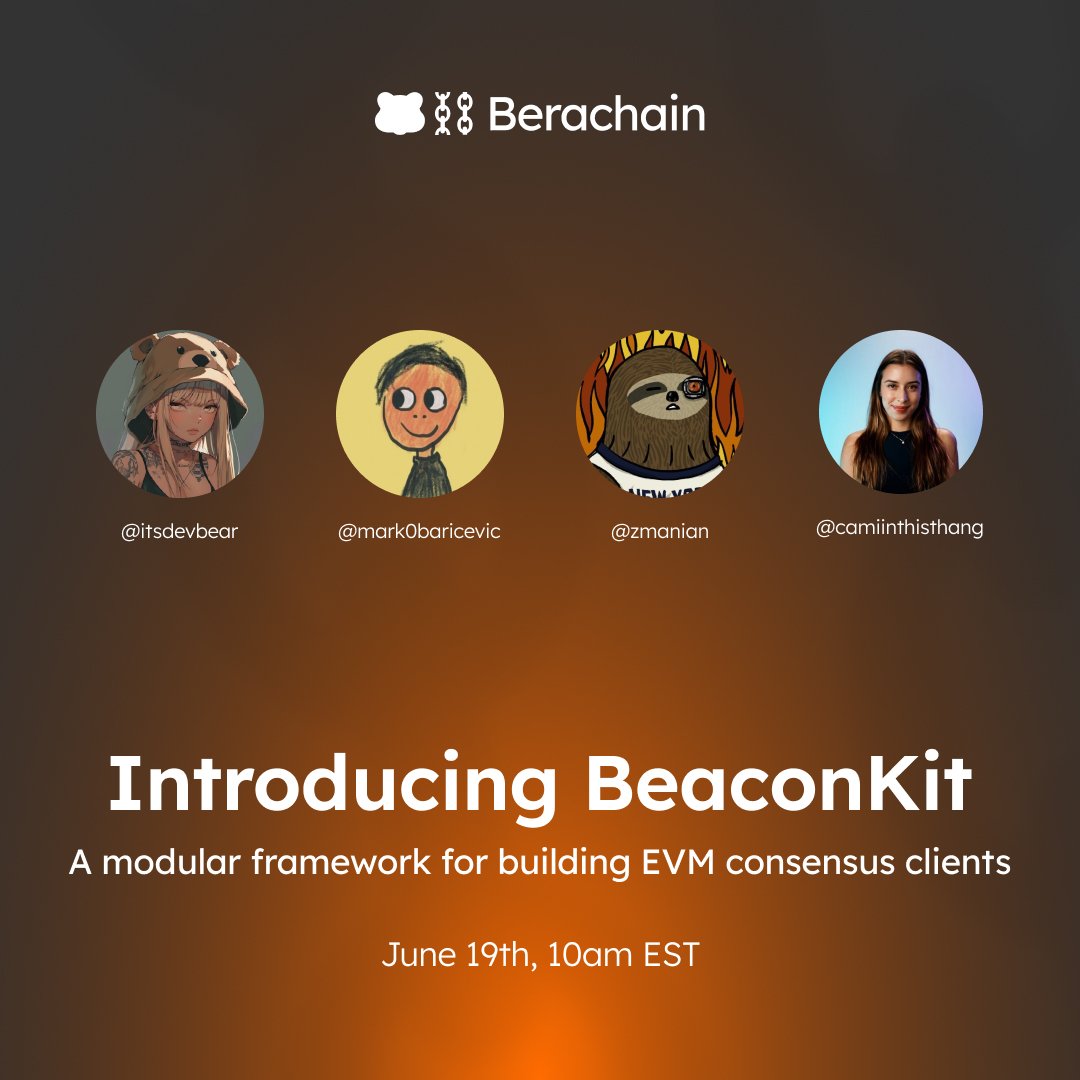 Dev Bear - 🦀/acc (@itsdevbear) on Twitter photo Hosting a space tomorrow with @mark0baricevic <a href="/zmanian/">zmanian.eth</a> and <a href="/camiinthisthang/">ms. thang 🧸</a>
We'll be chatting about BeaconKit, the story behind it and how you can spin up your own multi-execution client EVM L1 or L2.
x.com/i/spaces/1DXGy… Hosting a space tomorrow with @mark0baricevic <a href="/zmanian/">zmanian.eth</a> and <a href="/camiinthisthang/">ms. thang 🧸</a>
We'll be chatting about BeaconKit, the story behind it and how you can spin up your own multi-execution client EVM L1 or L2.
x.com/i/spaces/1DXGy…