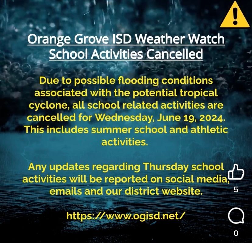 Wednesday all athletic activities including basketball camp will be cancelled.   Weather permitting, Summer workouts will start back up on Thursday.   Basketball camp will be moved to Thursday also weather permitting.  Keep up with our social media and SportsYou.