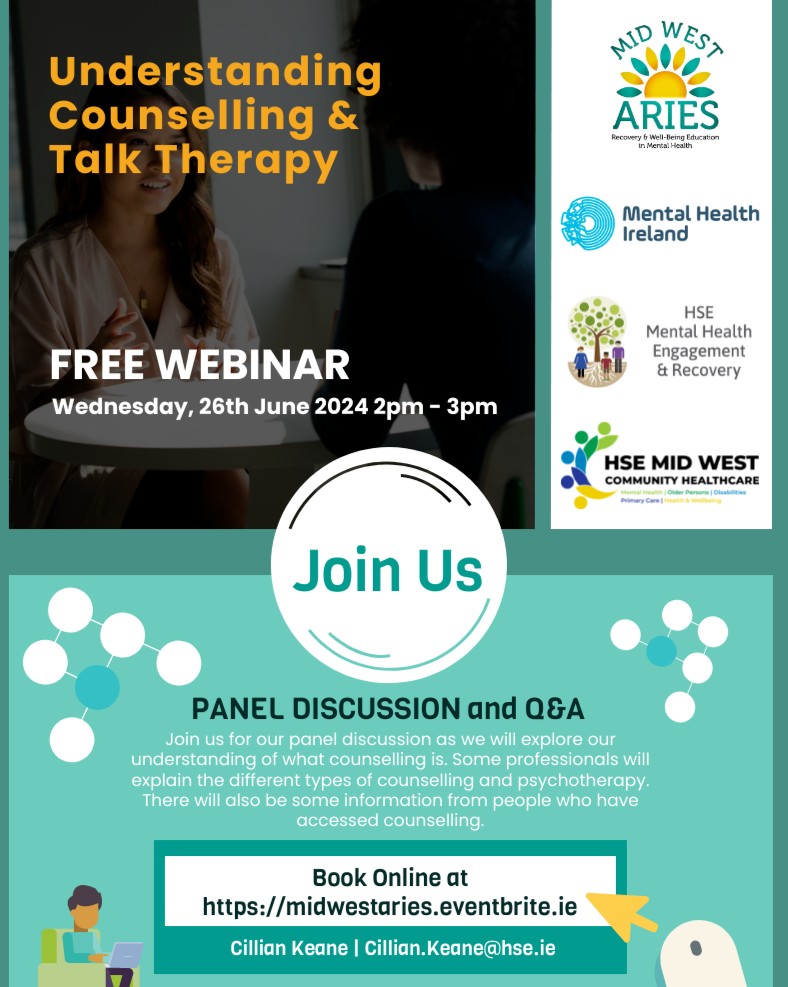 Mental Health IRL (@mentalhealthirl) on Twitter photo Let's demystify talk therapy! Join @midwestaries & <a href="/MentalHealthIrl/">Mental Health IRL</a> as we delve into what counselling really is and hear from someone who has tried it. Join the discussion and Q+A on Weds June 26 from 2pm-3pm. The best thing is that it's FREE! Book now midwestaries.eventbrite.ie Let's demystify talk therapy! Join @midwestaries & <a href="/MentalHealthIrl/">Mental Health IRL</a> as we delve into what counselling really is and hear from someone who has tried it. Join the discussion and Q+A on Weds June 26 from 2pm-3pm. The best thing is that it's FREE! Book now midwestaries.eventbrite.ie