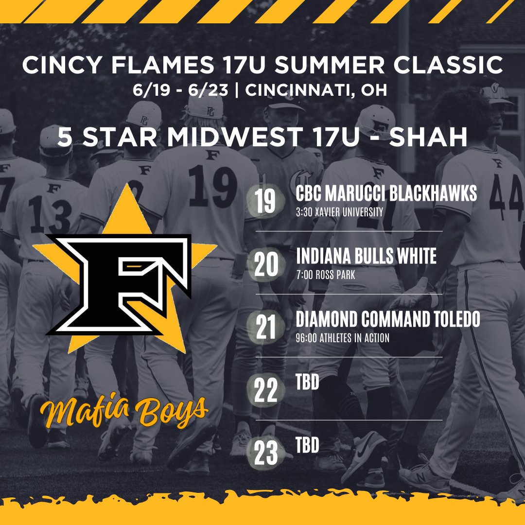 5 Star Midwest 2025 (@5starmidwest_25) on Twitter photo Looking forward to competing this weekend in Cincinnati at the Flames Summer Classic. Below is our schedule and sites. <a href="/5StarMidwest/">5 Star Midwest</a> #maFiaBASEBALL Looking forward to competing this weekend in Cincinnati at the Flames Summer Classic. Below is our schedule and sites. <a href="/5StarMidwest/">5 Star Midwest</a> #maFiaBASEBALL