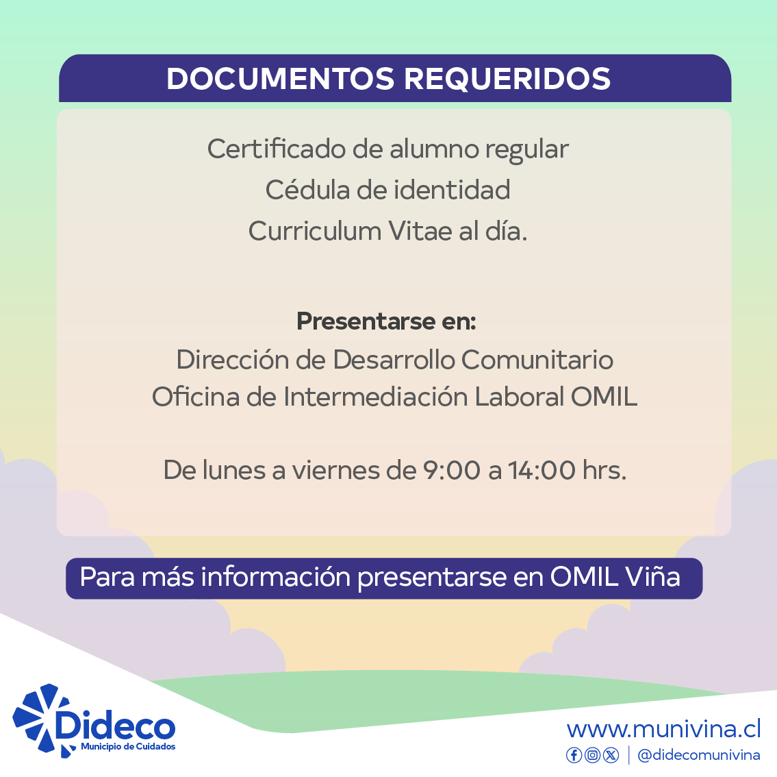 𝐏𝐫𝐚́𝐜𝐭𝐢𝐜𝐚𝐬 𝐏𝐫𝐨𝐟𝐞𝐬𝐢𝐨𝐧𝐚𝐥𝐞𝐬 𝐞𝐧 𝐞𝐥 𝐌𝐮𝐧𝐢𝐜𝐢𝐩𝐢𝐨 𝐝𝐞 𝐂𝐮𝐢𝐝𝐚𝐝𝐨𝐬

OMIL Viña  ofrece oportunidades de prácticas profesionales.

Los interesados deben presentarse en 2 Oriente 1021, de lunes a viernes, de 09:00 a 14:00 hrs.

#Municipiodecuidados