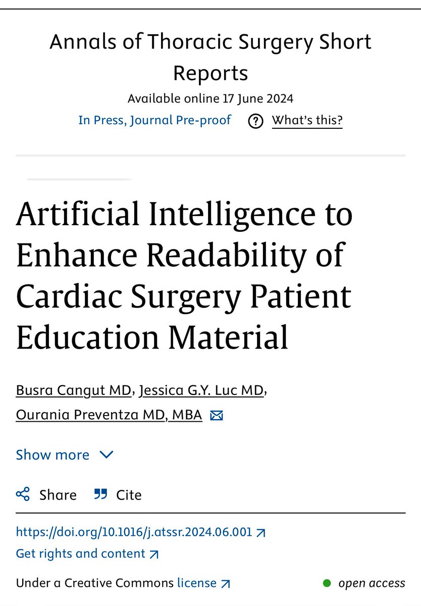 Busra Cangut, MD, MS (@busracangutmd) on Twitter photo Excited to share our latest paper 🫀
➡️ AI can revolutionize cardiac surgery educational materials by tailoring them to patients’ literacy levels , democratizing access to health information.
<a href="/OPreventzaMD/">Ourania Preventza</a> <a href="/JessicaLuc1/">Jessica G.Y. Luc, MD, LLM, FRCSC</a> <a href="/WomenInThoracic/">WomenInThoracicSurg</a> <a href="/annals_short/">Annals of Thoracic Surgery Short Reports</a>
doi.org/10.1016/j.atss… Excited to share our latest paper 🫀
➡️ AI can revolutionize cardiac surgery educational materials by tailoring them to patients’ literacy levels , democratizing access to health information.
<a href="/OPreventzaMD/">Ourania Preventza</a> <a href="/JessicaLuc1/">Jessica G.Y. Luc, MD, LLM, FRCSC</a> <a href="/WomenInThoracic/">WomenInThoracicSurg</a> <a href="/annals_short/">Annals of Thoracic Surgery Short Reports</a>
doi.org/10.1016/j.atss…