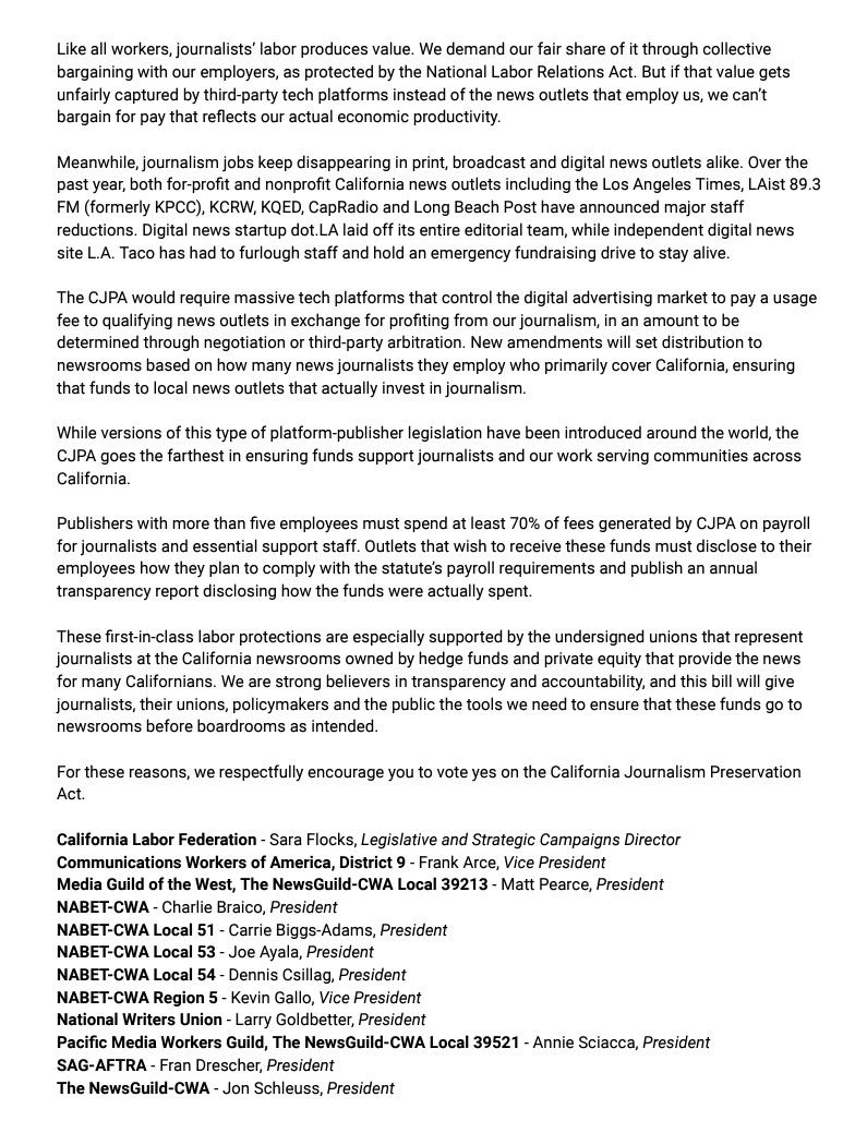 New: The local journalists who provide essential news for millions of Californians support the California Journalism Preservation Act.

New CJPA support letter from <a href="/newsguild/">The NewsGuild-CWA</a>, <a href="/sagaftra/">SAG-AFTRA</a>, <a href="/CWAUnion/">CWA</a>, <a href="/NABETCWA/">NABET-CWA</a>, <a href="/paythewriter/">National Writers Union</a>, <a href="/MediaGuildWest/">Media Guild of the West 🧭</a>, <a href="/PacMediaGuild/">PacificMediaWorkers</a>, <a href="/CaliforniaLabor/">California Federation of Labor Unions</a>: