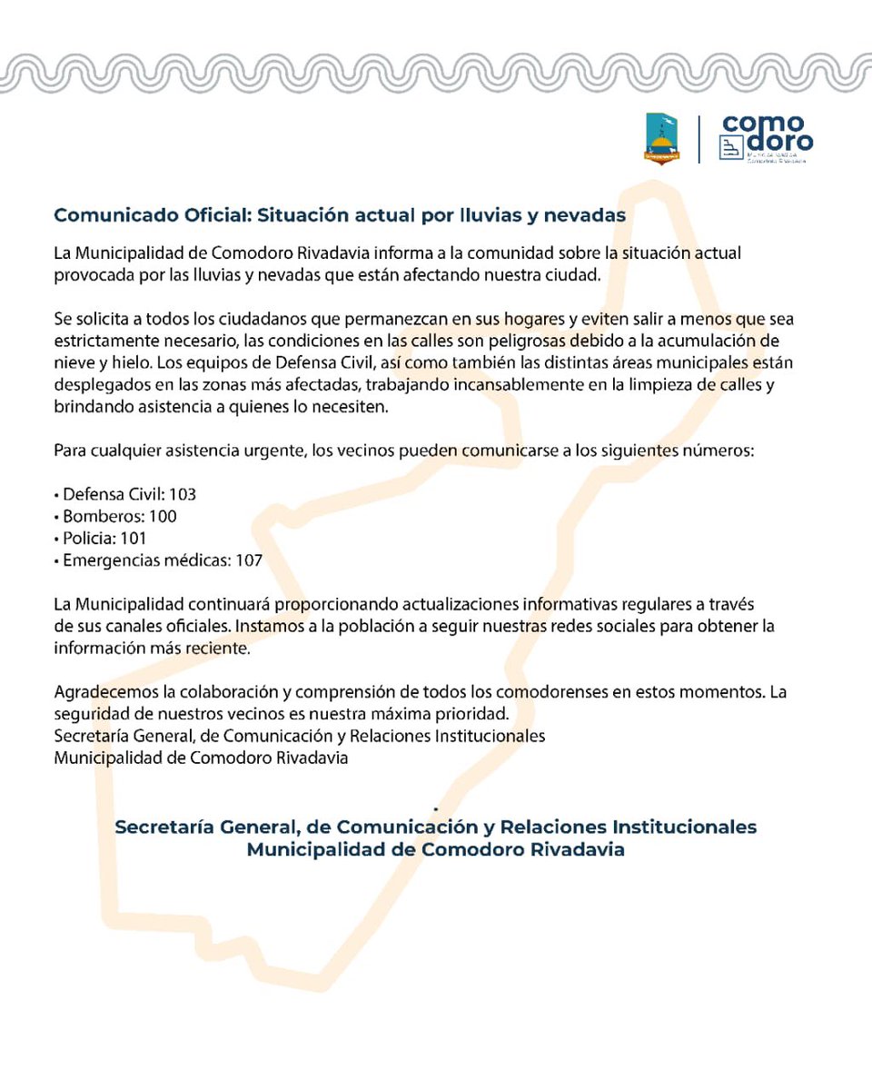 🔵 Comunicado Oficial: Situación actual por lluvias y nevadas

La Municipalidad de Comodoro Rivadavia informa a la comunidad sobre la situación actual provocada por las lluvias y nevadas que están afectando nuestra ciudad.