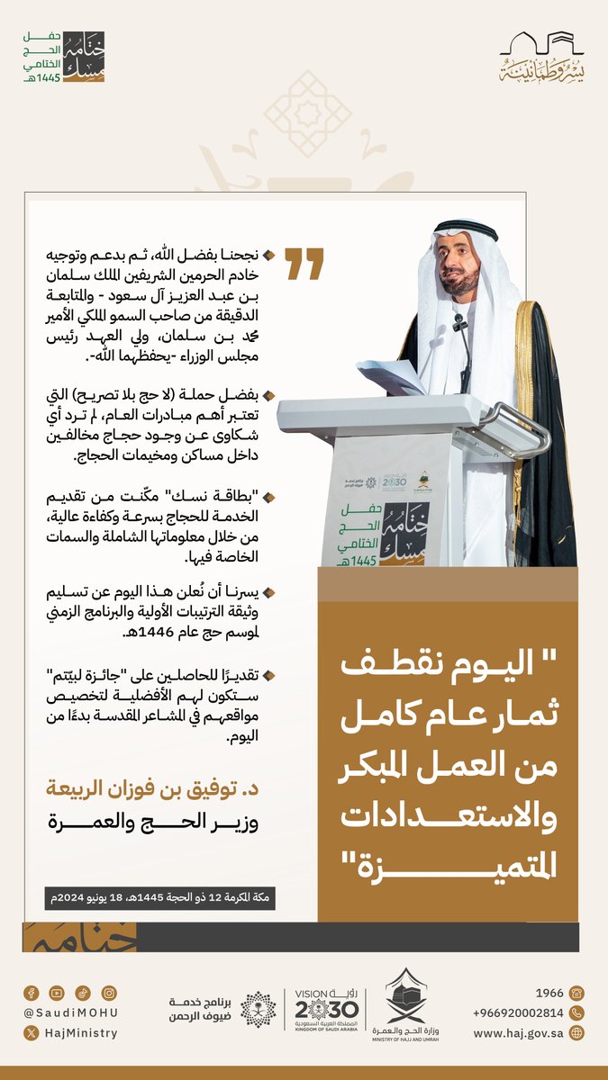 HajMinistry's tweet photo. معالي @tfrabiah يعلن في حفل #ختامه_مسك بدء المخطط الزمني للاستعداد لموسم حج 1446هـ / 2025م، انطلاقًا من اليوم، ويستعرض مؤشرات نجاح موسم #حج_1445هـ

#يسر_وطمأنينة https://t.co/QDAM02EZMU