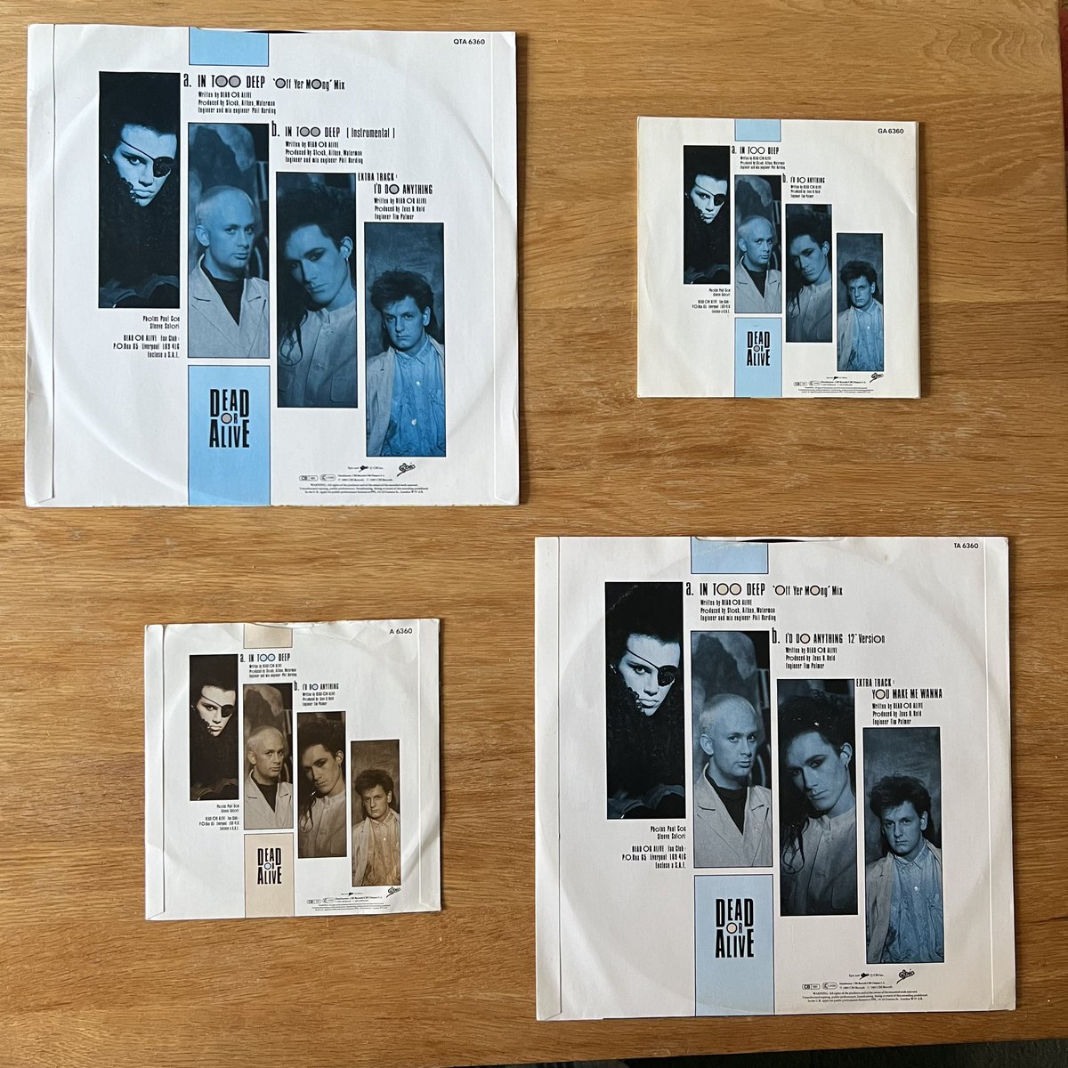 RetroPopBoy's tweet image. #StockAitkenWaterman single No 14 was “In Too Deep” by Dead or Alive, once again written by the band and produced by SAW. It was released in June 85 and peaked at 14 in the UK. Here are the UK standard and gatefold 7” singles and the two 12” editions. 
#PWLCollection
#PWL40 #PWL