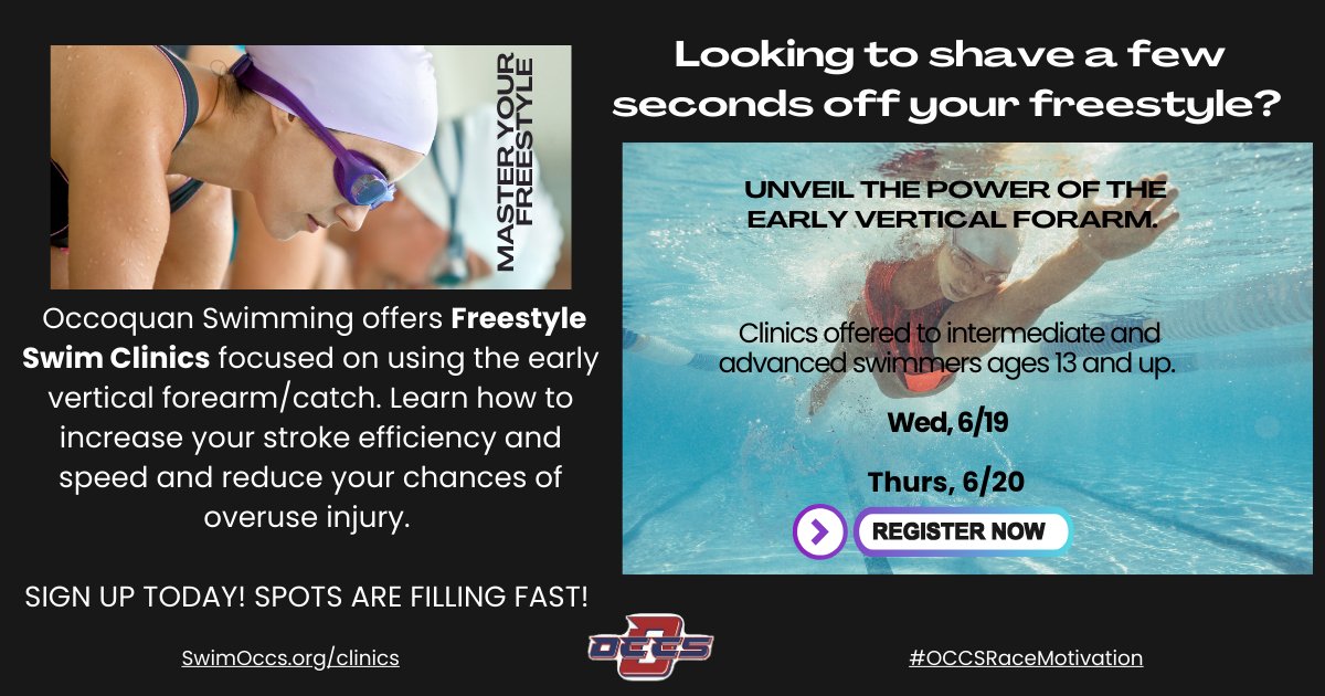 Your summer league swim meet is only 3 days away. It's not too late! Join our Freestyle Skill and Stroke Clinic this week and get the cutting edge!

SPOTS ARE LIMITED! REGISTER FOR YOUR SPOT TODAY!
pulse.ly/j8npp1eahd

#OCCSRaceMotivation #DreamBelieveAchieve