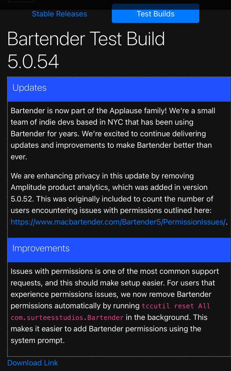 Coming down the pipeline for the Bartender App. Looks like applause is removing telemetry. A good start…
