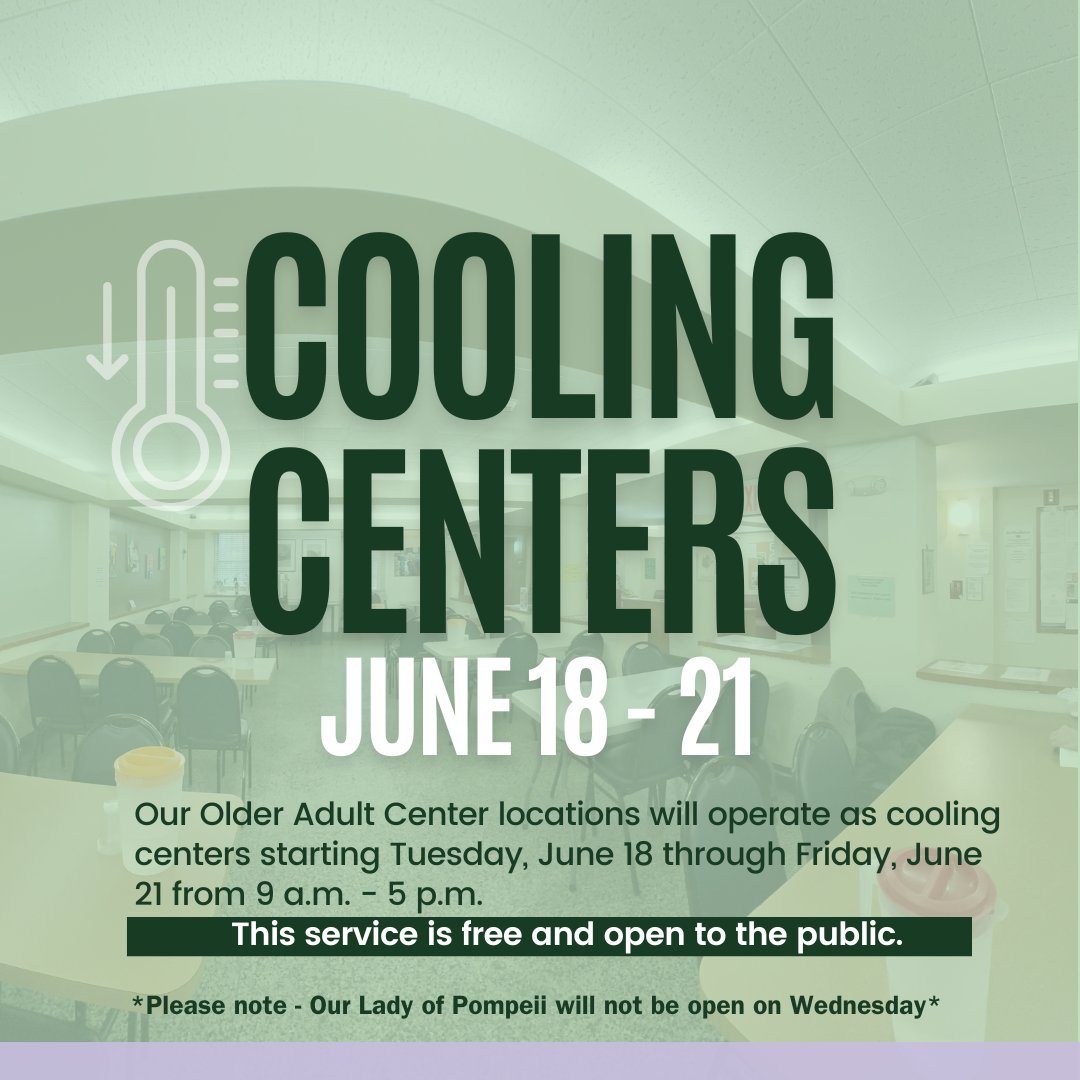 Greenwich_House's tweet photo. Due to the high heat index forecast for the NYC area, 3 of our Older Adult Center locations will operate as cooling centers starting today — Tues, June 18 - Fri, June 21, 9 a.m. – 5 p.m. Each of these locations is ready to welcome and assist you in beating the heat. https://t.co/t1RYhLVEeZ