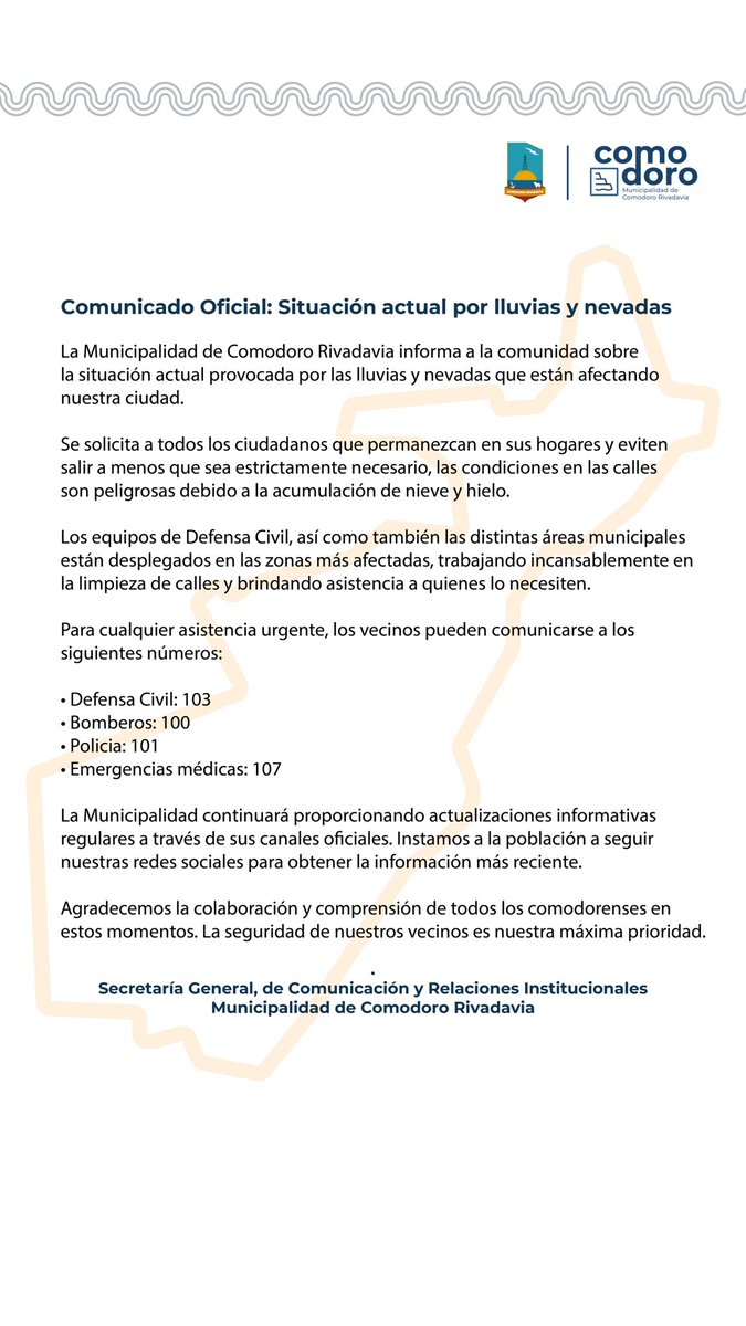 COMUNICADO OFICIAL

La <a href="/comodoroMCR/">Municipalidad CR</a> informa a la comunidad sobre la situación actual provocada por las lluvias y nevadas que están afectando nuestra ciudad.