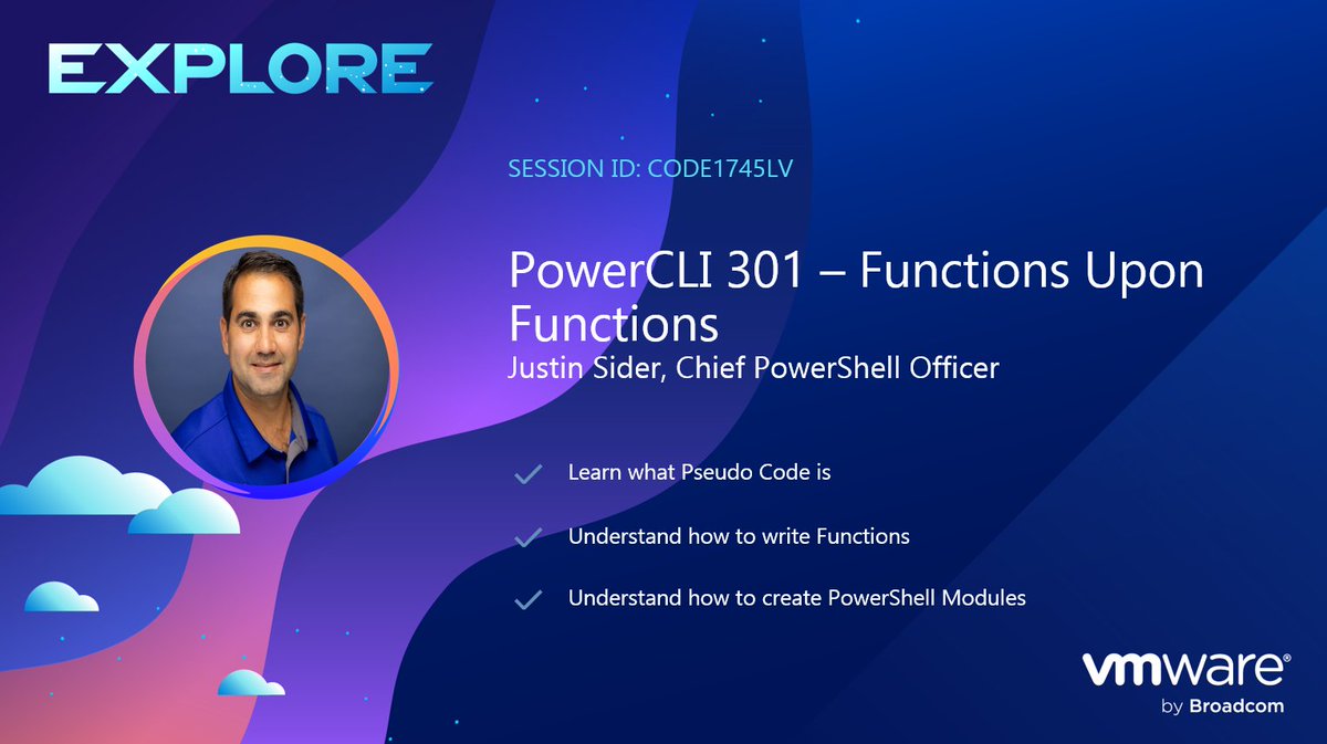 Justin Sider (@jpsider) on Twitter photo I'll be speaking at #VMwareExplore 2024! Learn how to write functions and put PowerShell Modules together to enhance your PowerCLI skills! <a href="/PowerCLI/">VMware PowerCLI</a> <a href="/VMwareExplore/">VMware Explore</a> <a href="/vmwarecode/">VMware {code}</a> #code1745 Register today! vmware.com/explore/us I'll be speaking at #VMwareExplore 2024! Learn how to write functions and put PowerShell Modules together to enhance your PowerCLI skills! <a href="/PowerCLI/">VMware PowerCLI</a> <a href="/VMwareExplore/">VMware Explore</a> <a href="/vmwarecode/">VMware {code}</a> #code1745 Register today! vmware.com/explore/us