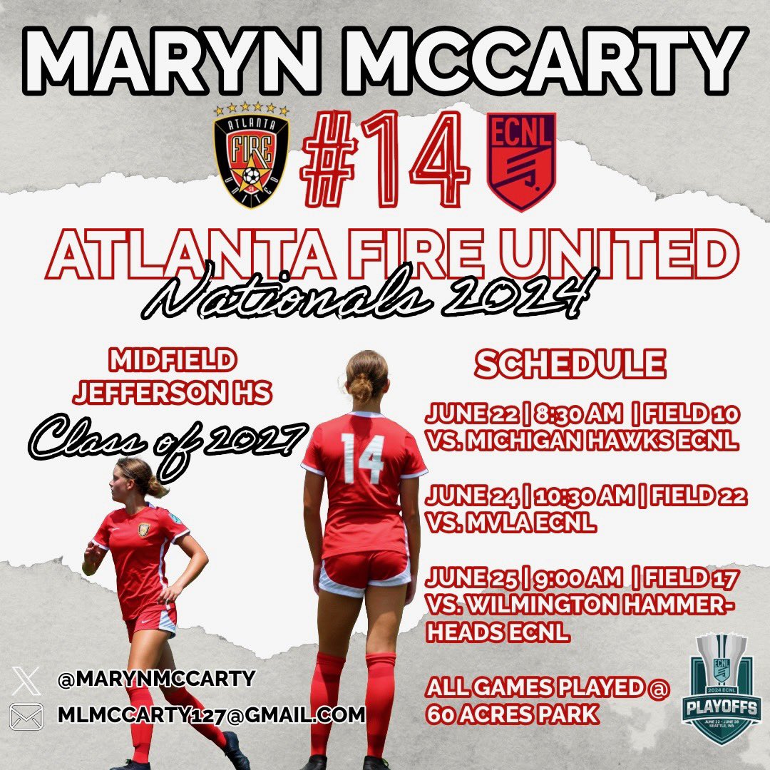 MarynMcCarty's tweet photo. My 1st @ECNLgirls Nationals! Thank you to all the colleges &amp; coaches who will watch us play! Here is our schedule! Let’s go @AFU_2008_ECNL 🔥@ImYouthSoccer @TopDrawerSoccer @PrepSoccer @TheSoccerWire @ImCollegeSoccer @justwsports @McClureSports @jtownsoccer @ECNLSoutheast @Hudl https://t.co/fob5Qmj64u