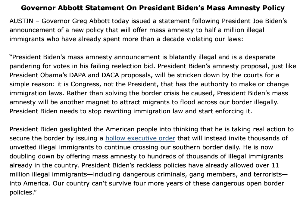 President Biden’s mass amnesty is blatantly illegal.

His proposal will be stricken down by the courts for a simple reason: it is Congress, NOT the President, that has the authority to make or change immigration laws.

Read my full statement here: bit.ly/3VwPp19
