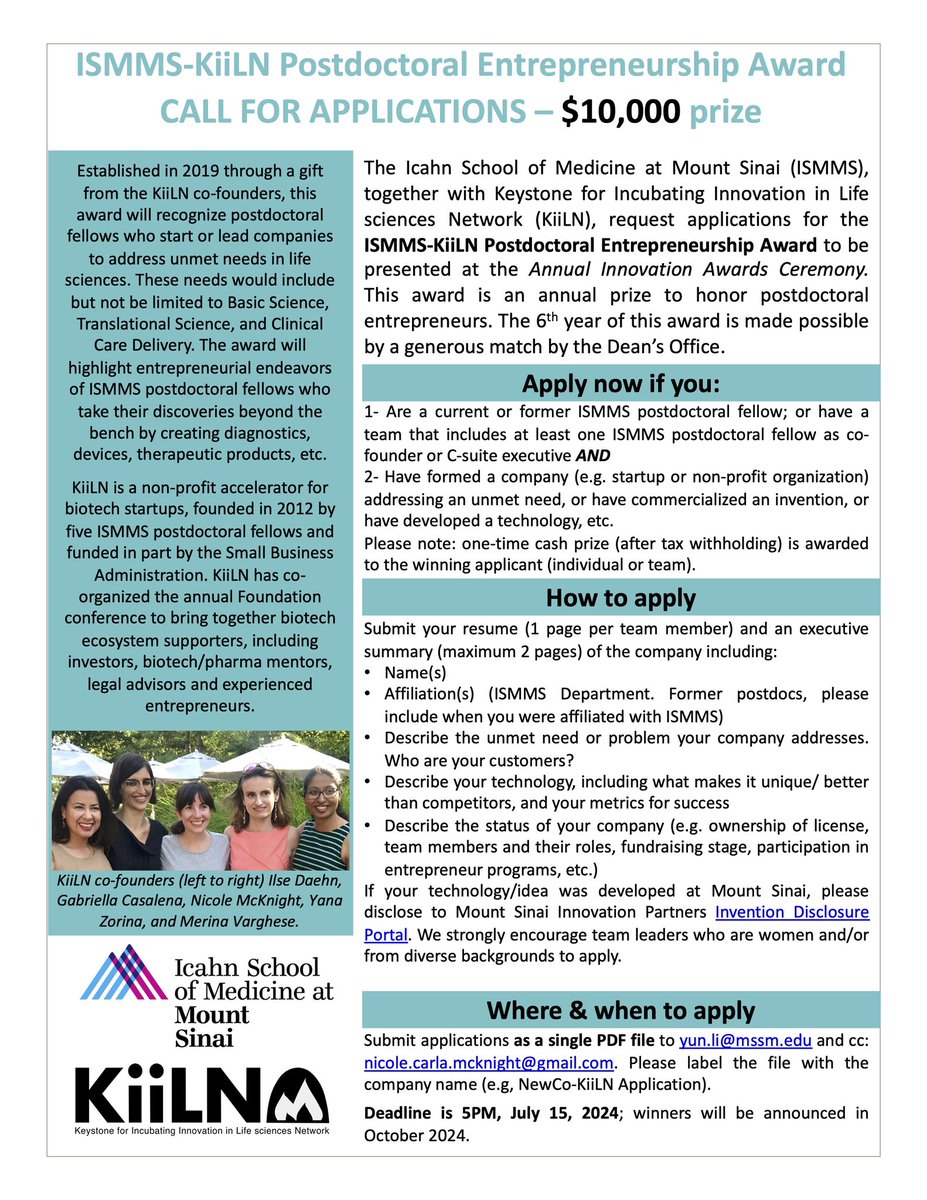 KiiLN (@kiilnyc) on Twitter photo Send us your applications, entrepreneurial <a href="/MtSinaiPostdocs/">MtSinaiPostdocs</a> and postdoc <a href="/MountSinaiAlum/">Mount Sinai Alumni</a> Details below👇 Send us your applications, entrepreneurial <a href="/MtSinaiPostdocs/">MtSinaiPostdocs</a> and postdoc <a href="/MountSinaiAlum/">Mount Sinai Alumni</a> Details below👇