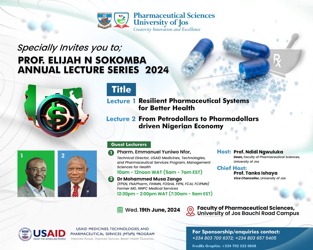 MTaPS_Program's tweet photo. 📢Don't miss tomorrow’s lecture series, hosted by @UniversityJos! MTaPS Technical Directo, Emmanuel Nfor will present alongside esteemed colleagues to discuss how to create strong and resilient pharmaceutical systems. #BetterHealth

Watch here➡️ https://t.co/XVkgXtuwuw https://t.co/uqkQUFz9OI