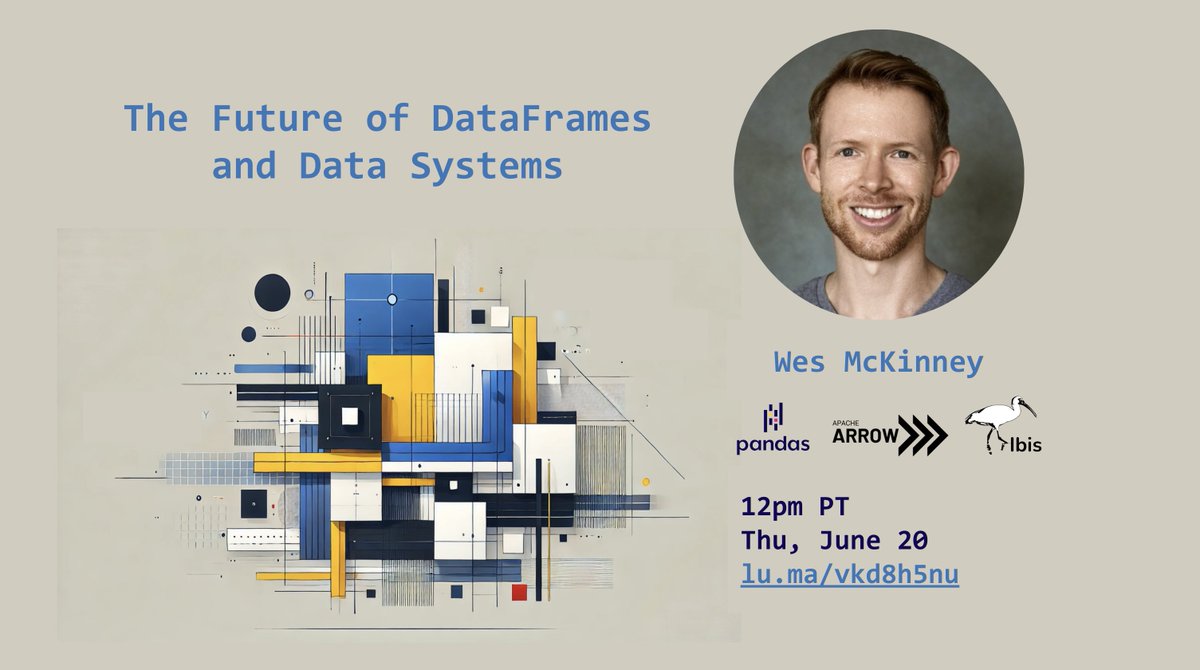 Voltron Data (@voltrondata) on Twitter photo This Thursday, <a href="/wesmckinn/">Wes McKinney</a> will discuss what he thinks dataframes and data systems will look like in the future. Wes is the creator of some of the most popular data engineering tools, including pandas, Apache Arrow, and Ibis. He’s also a core contributor to Apache Parquet.
Wes This Thursday, <a href="/wesmckinn/">Wes McKinney</a> will discuss what he thinks dataframes and data systems will look like in the future. Wes is the creator of some of the most popular data engineering tools, including pandas, Apache Arrow, and Ibis. He’s also a core contributor to Apache Parquet.
Wes