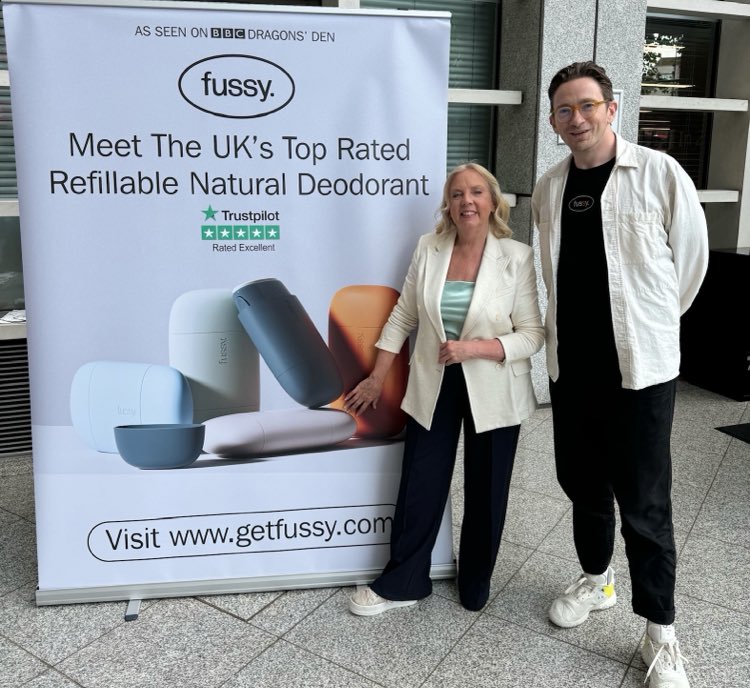 DeborahMeaden's tweet photo. At ⁦@sainsburys⁩ head office today celebrating the launch of ⁦@getfussy⁩ in store and a chance to chat about sustainability and nature.Really enjoyed it and thanks for the “bang on” questions…here’s to fussy taking over the world one refillable deodorant at a time!! https://t.co/sRUcI9bXuK