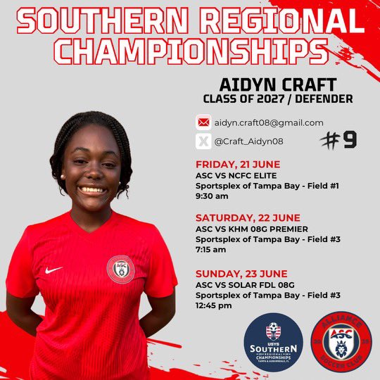 Craft_Aidyn08's tweet image. My schedule for the @USYouthSoccer Southern Regional Championships in Tampa, FL! So excited! Coaches - hope to see you at our games!
@ImYouthSoccer @ImCollegeSoccer @SoccerMomInt @TopDrawerSoccer @TheSoccerWire @AllianceSC_08G @HartCoSports @NEGARecruits @onlyGplatform