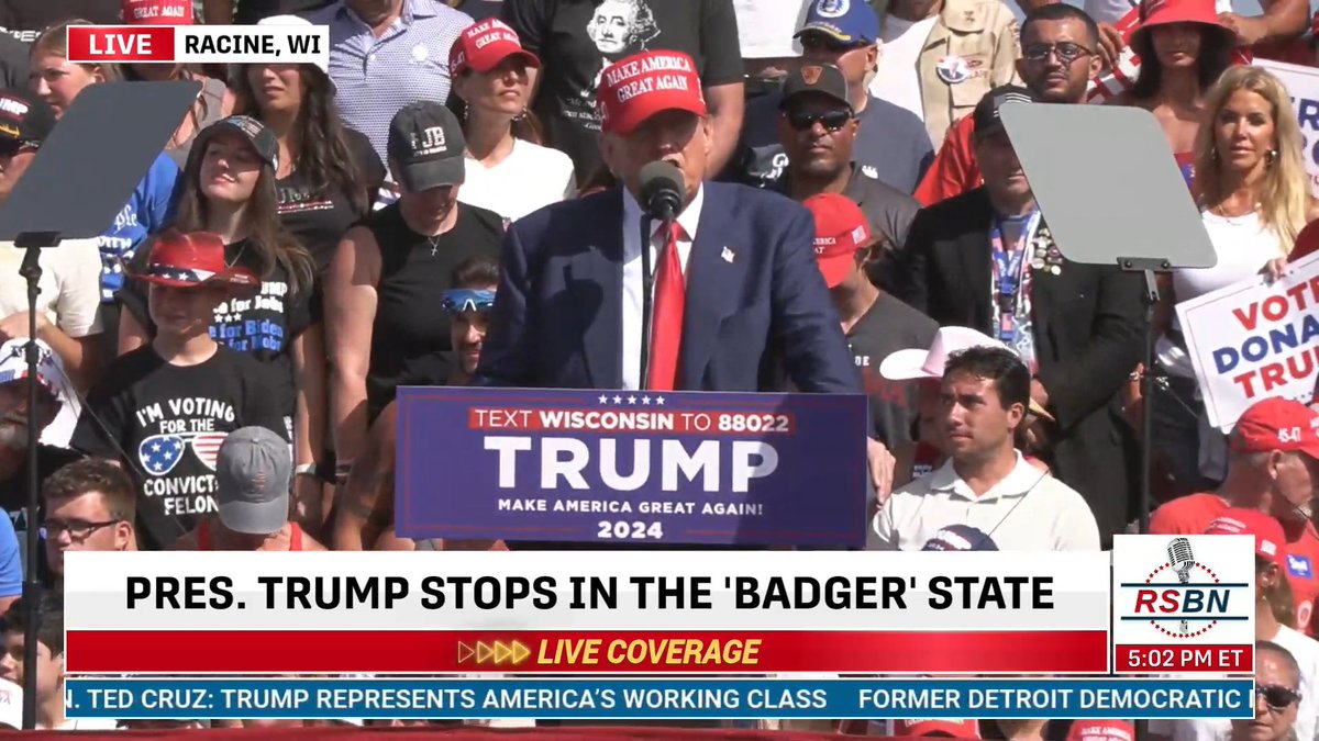 a kid behind Trump is wearing a shirt that reads, "I'm voting for the convicted felon"